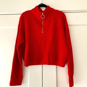 Divided Red Crop Zip Mock Neck Sweater